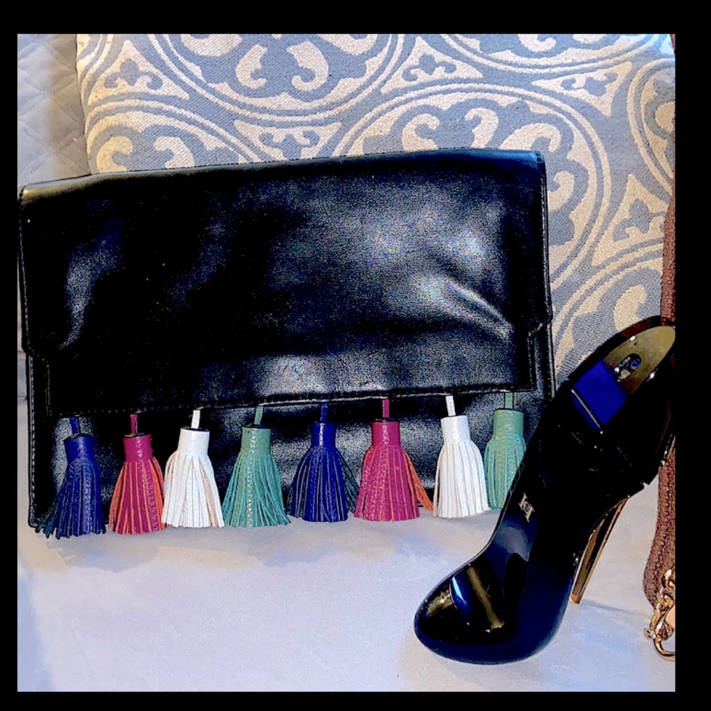 Sleek Leather Black(multi-colored tassels) medium clutch- by Rebecca Minkoff